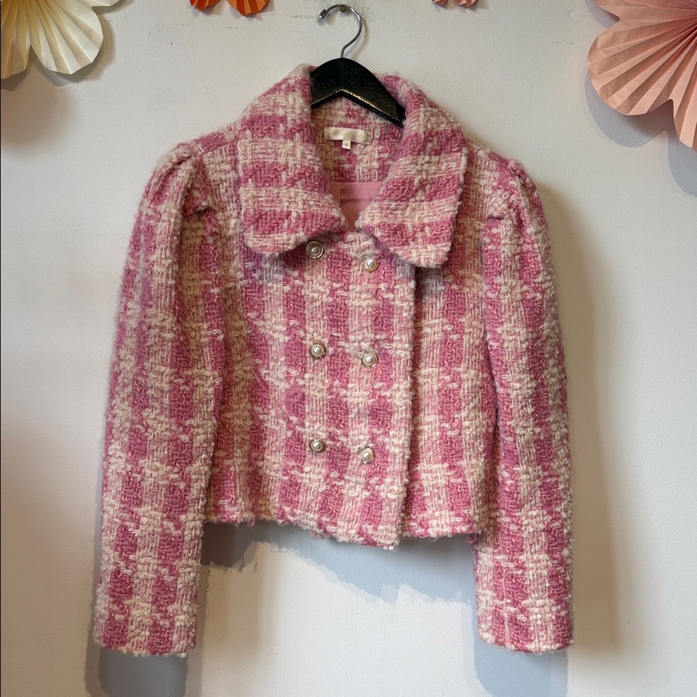 Love shack fancy pink and white pearl buttons Look jacket size 12